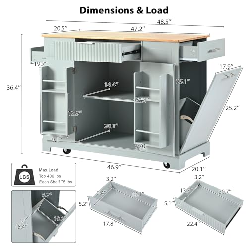 60" Kitchen Island with Drop Leaf and Power Outlet, Rolling Kitchen Cart on Wheels with Trash Can Storage Cabinet, Spice Rack, Towel Rack and Adjustable Shelf for Dining Room