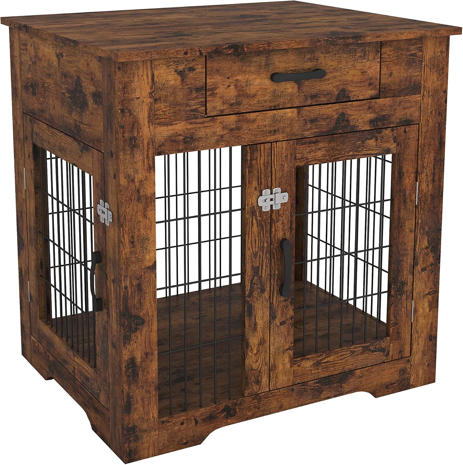 Furniture Style Dog Crate End Table with Drawer, Pet Kennels with Double Doors, Dog House Indoor Use. Rustic Brown, 29.92in W x 24.8in D x 30.71in H.