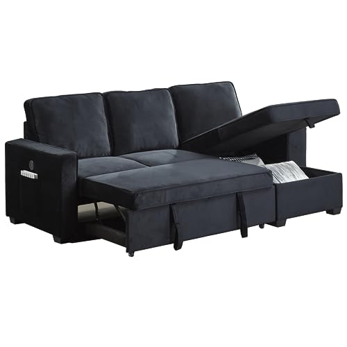 Modern L-Shaped Sectional Sofa, Velvet Sofabed with USB & Storage Chaise, Brown