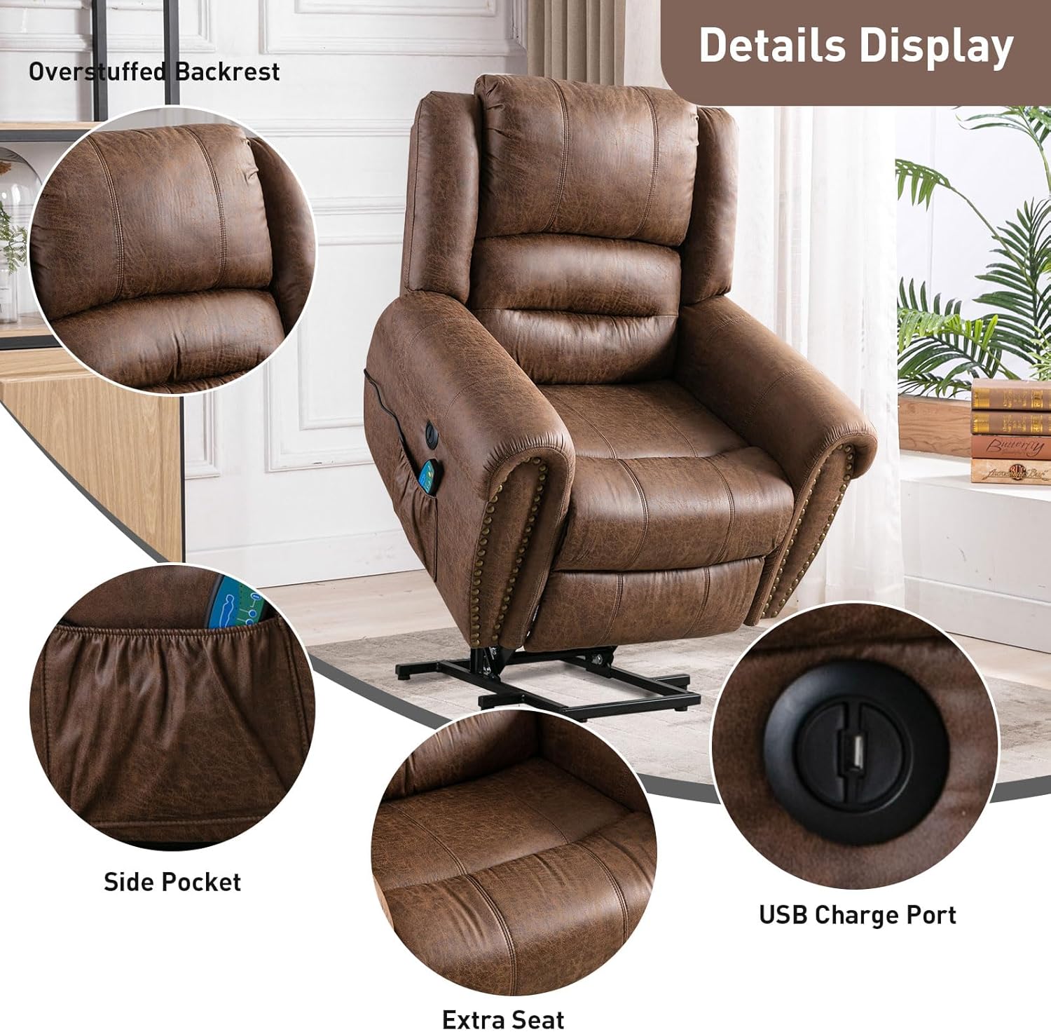 Phoenix Home Power Lift Chair for Elderly Leather Electric Reclining Oversized Sofa with Massage & Heating, USB Ports, Side Pocket, Large, Brown