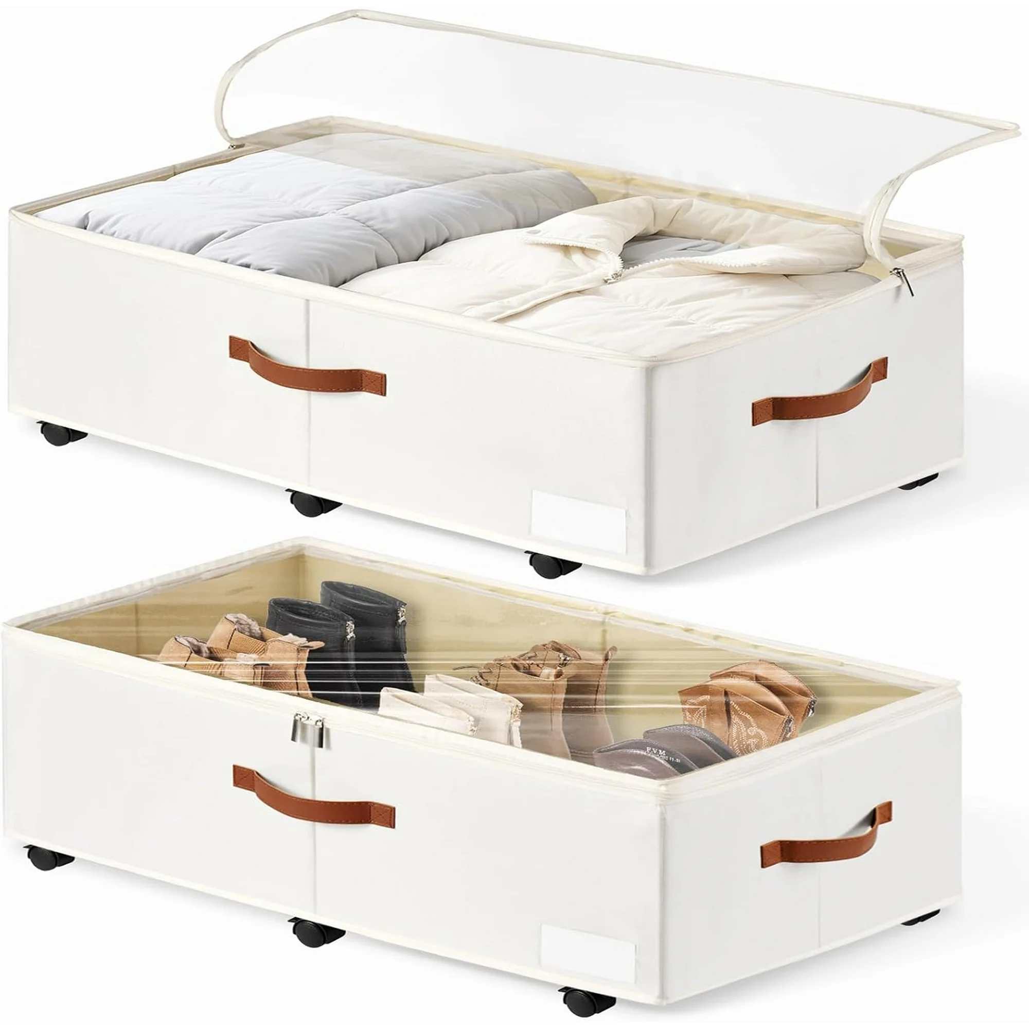 60L Large Under Bed Storage with Wheels Pack of 2, Underbed Shoe Container Bin with Clear Lid Cover, 10.5 Inches Rolling Under Bed Drawer Storage Bag Basket for Boots Quilt Sweater - Grey