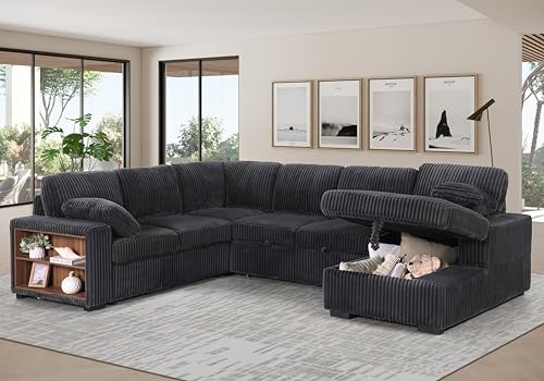 Oversized U-Shaped Sectional Sofa Couch Plush Corduroy Upholstered Modular Deep Seat Sofa&Couch Sectional W/Right Facing Chaise Lounge and 7 Toss Pillows for Home Apartment Living Room Furniture Sets