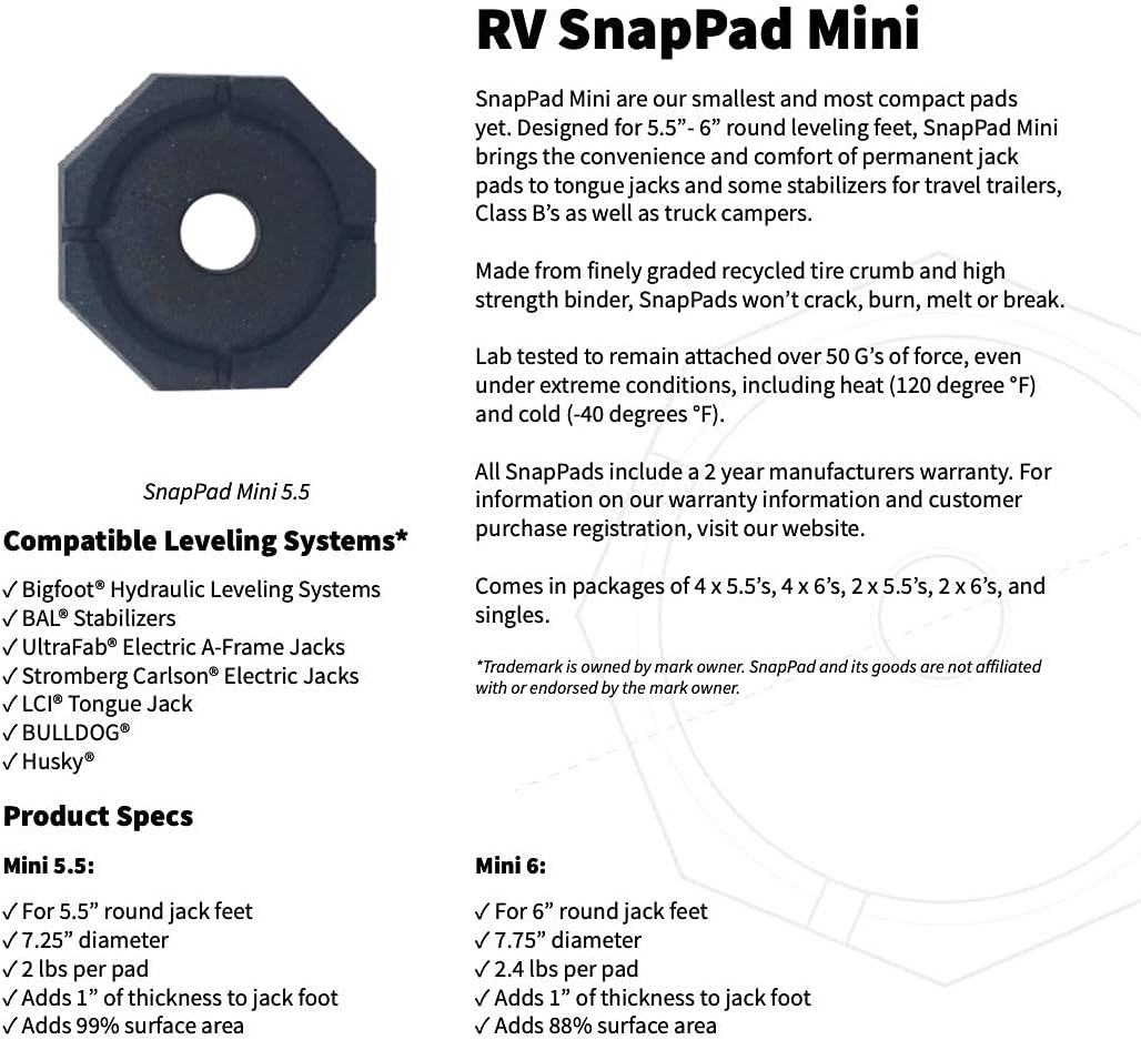 SnapPad Mini Permanently Attached RV Jack Pad for 5.5 inch Square BAL Stabilizer Feet on Travel Trailers (Square 5 4-Pack)