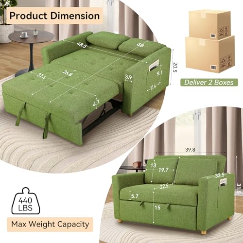 49" 2-Seater Loveseat Futon Sofa, 3-in-1 Convertible Sofa Bed, Linen Fabric Sleeper Couch Pull Out Bed with Spring Support,Adjustable Backrest, 2 Pillows for Living Room