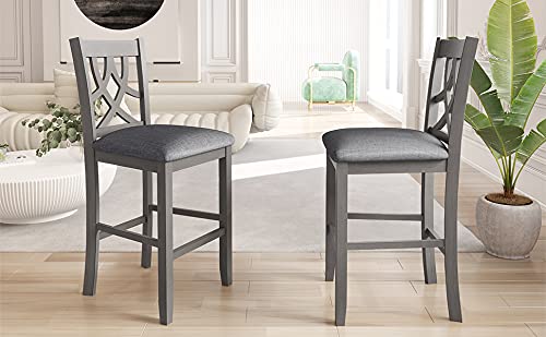 Farmhouse 3 Piece Dining Table and Chairs Set Round Drop Leaf Counter Height Small Space Bistro Bar Kitchen Dining Room Table Set with Storage Shelf 2 Badded backrest Chairs Furniture Set