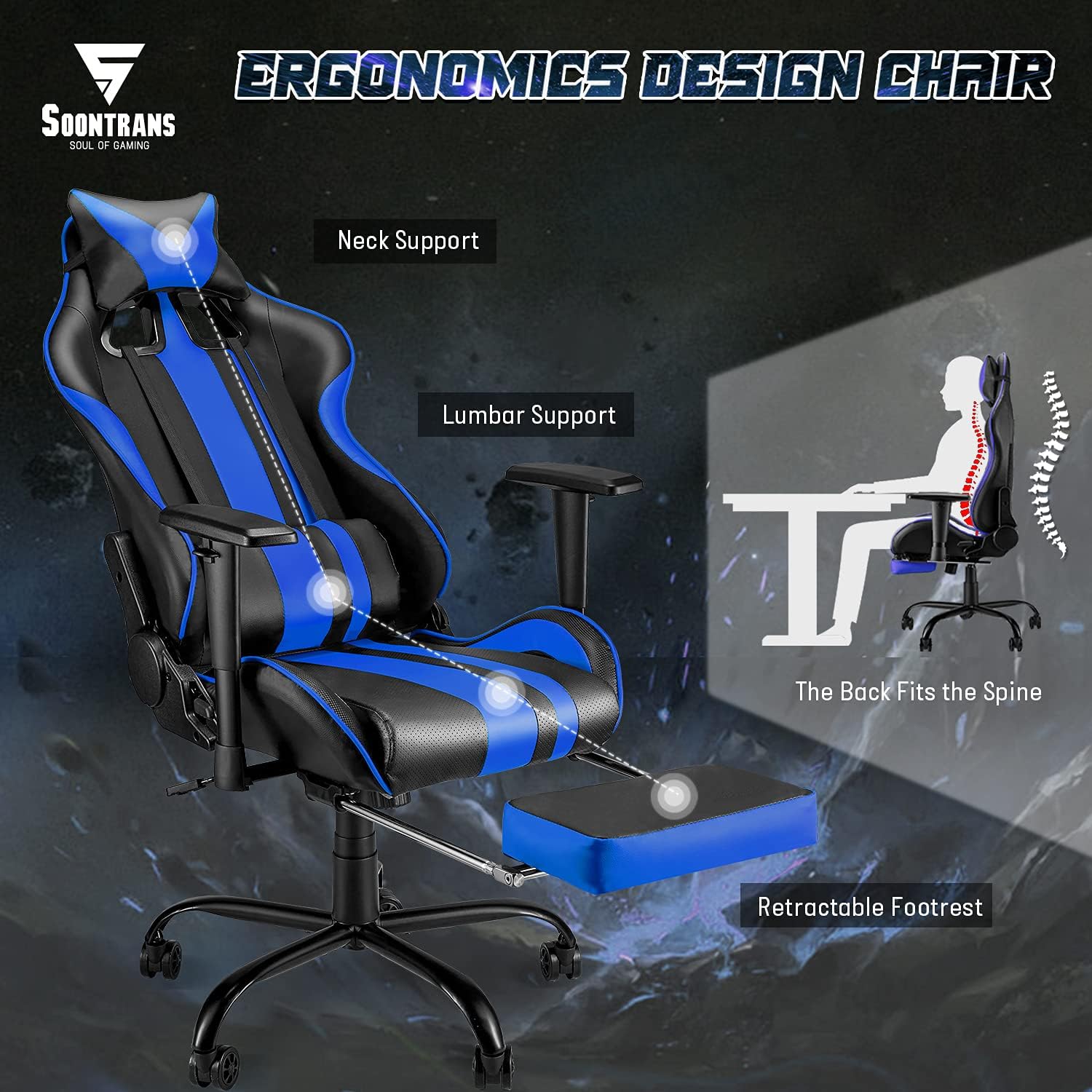 Soontrans Gamer Chair Gaming Chair Lumbar Support Office Chair with Footrest Recling Racing Chair Ergonomic Desk Chair with Headrest Armrest Support for Adults Men Women Teens(Royal Blue)