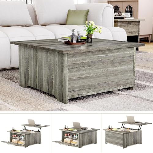 31.5'' Lift Top Coffee Table with Storage, Wood Square Coffee Table with Large Hidden Storage Compartments and Adjustable Shelf, Rustic Center Table for Living Room, Gray Oak