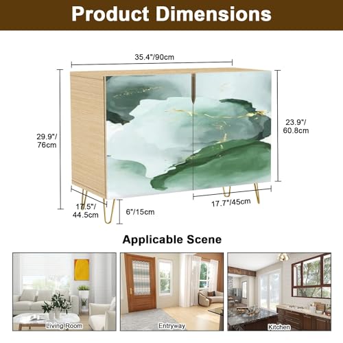 Mid Century Sideboard Buffet Kitchen Storage Cabinet with 2 Doors Realistic Marble Gold White Texture Seamless Abstract Cupboard Console Table Bar Cabinet for Dining Room Hallway