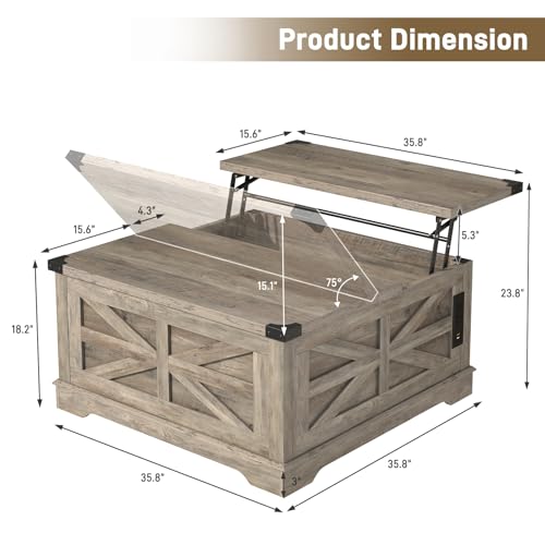 36" Farmhouse Movable Lift Top Coffee Table with Storage and Power Outlets, Square Wood Living Room Tables with Wheels&Large Hidden Space, Lift Wooden Barn Door Center Table, White