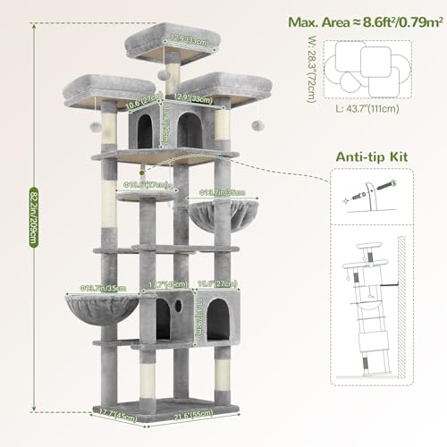 Globlazer Cat Trees and Towers for Multiple Adult Cats, 82-inch XXL Tall Cat Tree Tower for Indoor Cats with Scratching Post, 3 Perches, 2 Condos, 2 Hanging Baskets, F82, Light Grey