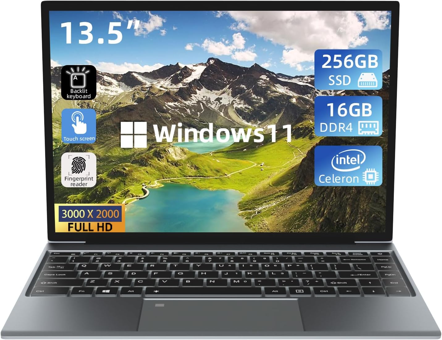 Morostron 13.5" Touch Screen Laptop, Win11 Laptop Computer with N5095, 16GB RAM 256GB SSD, 3000x2000 FHD, Backlit Keyboard, Touch ID, WiFi, USB3.0 * 2, Bluetooth 4.2, HDMI, 38WH Battery, Gray