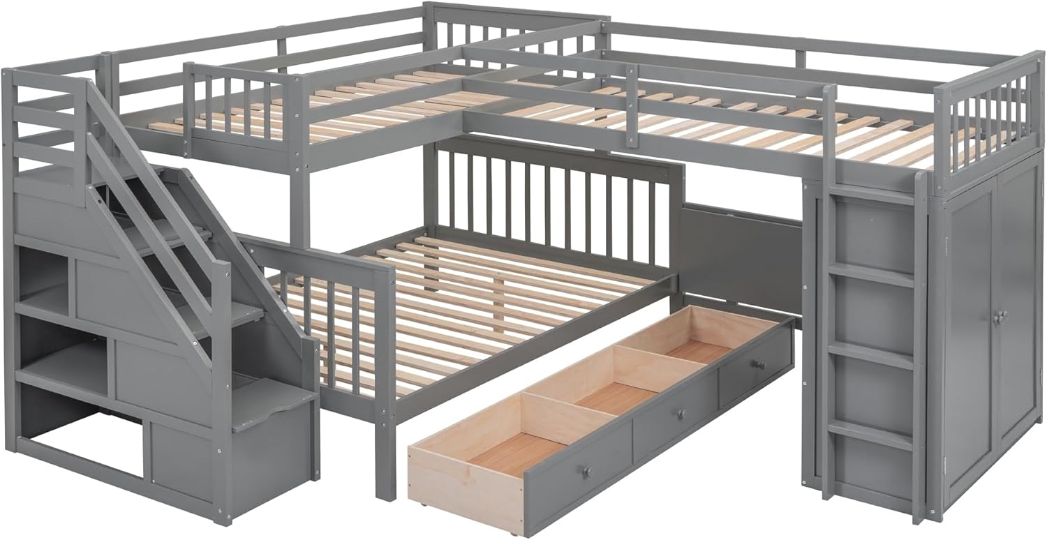 Twin-Twin Over Full L-Shaped Bunk Bed W/3 Drawers Wardrobe Solid Wood W/Portable Desk Ladder Guardrail Grey Modern Contemporary Unisex Nature Space Pine Finish