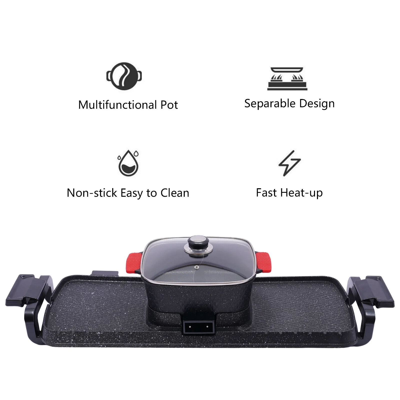 Miumaeov 2 In 1 Grill and Hot Pot Combo Countertop Hot Pot with Grill Cooker with Dual Temperature Control 5 Gear Temperature Adjustable Multi-Functional Korean BBQ Teppanyaki Grill and Hot Pot