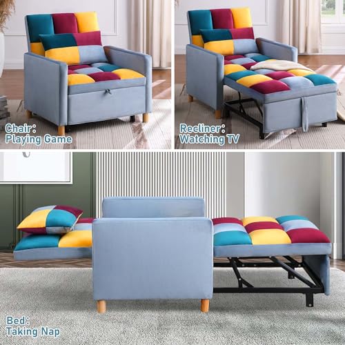 Sofa Chair Pull-Out Bed with Adjustable Backrest, 3 in 1 Convertible Multi-Function Folding Ottoman Couch with Pillow for Living Room Apartment Small Space, Grey
