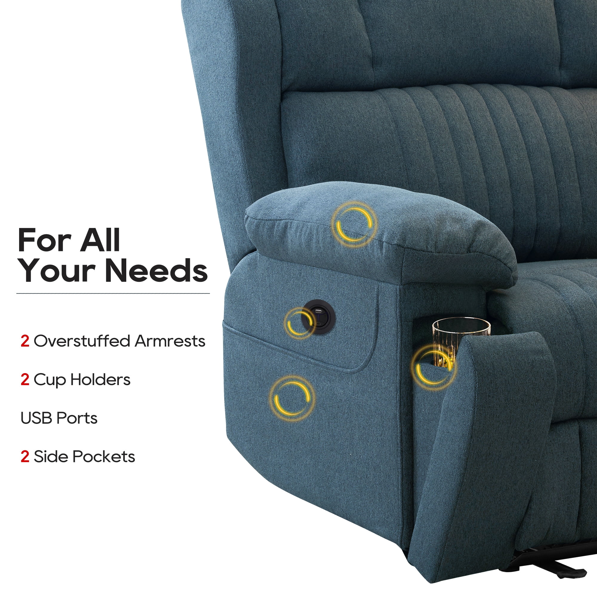 LVUYOYO Electric Power Recliner Chair, Reclining Chair with Heat and Massage, Position Recliner up to 350 Lbs,2 Cup Holders, USB Ports, 2 Side Pockets,Blue