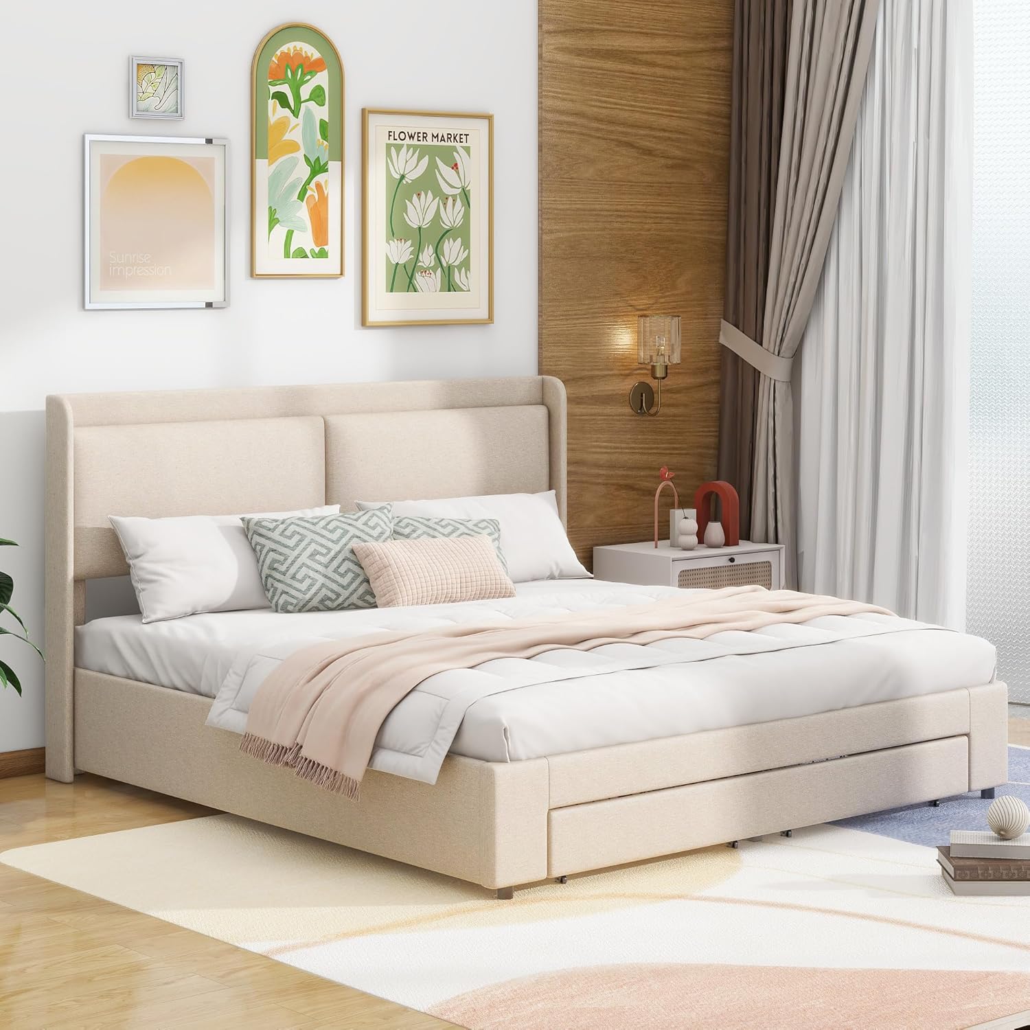 Queen Size Upholstered Hydraulic, Modern Platform Bed Frame with Lift Up Storage Space, 2 Drawers and Wingback Headboard, for Bedroom, Guestroom, Beige