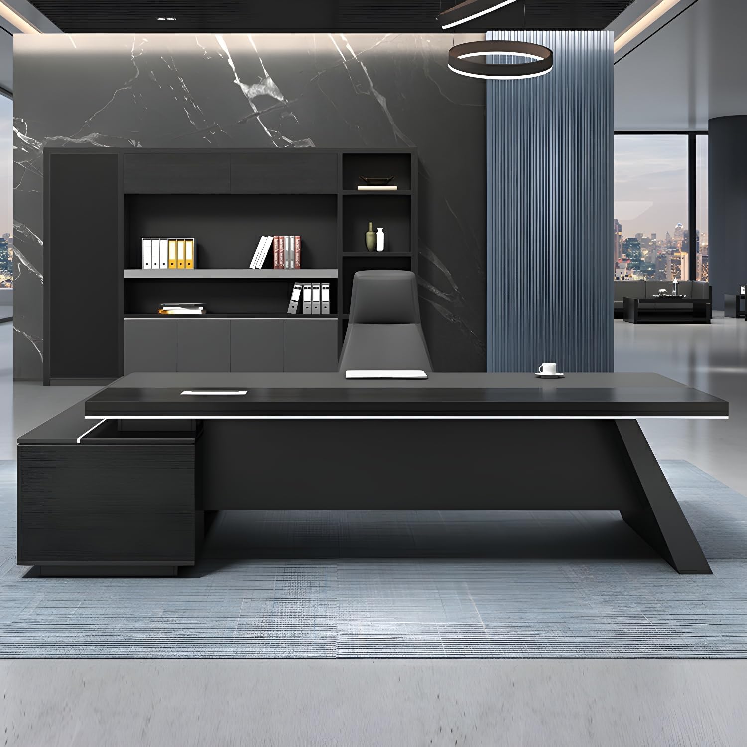 Black L-Shape Office Desk with Cabinet for Boss Supervisor Manager, Wood L Shaped Executive Desk Reception Desks for Home Office, Engineered Wood Writing Working Table Study Desk