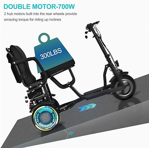 ccko Folding Mobility Electric Trike 48V 700W,Mobility Scooters for Adults,3 Wheel Lightweight Portable Power Travel Scooters,20 Miles Long Range Electric Powered Wheelchair Device (Black)