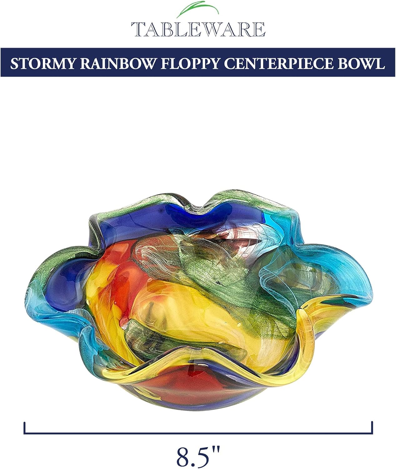 Badash Stormy Rainbow Murano-Style Art Glass Decorative Bowl - 8.5" Mouth-Blown Glass Floppy Centerpiece Bowl - Home Decor Accent