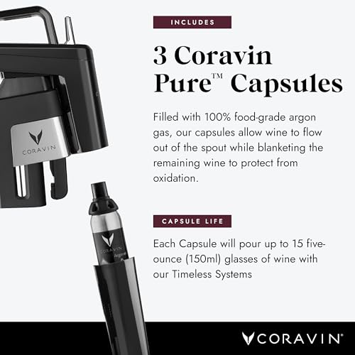 Coravin Timeless Six Plus Wine Preservation System - By-the-Glass Wine Saver - Wine Aerator, 3 Pure Argon Capsules, 6 Screw Caps, Clearing Needle & Carry Case - Piano Black