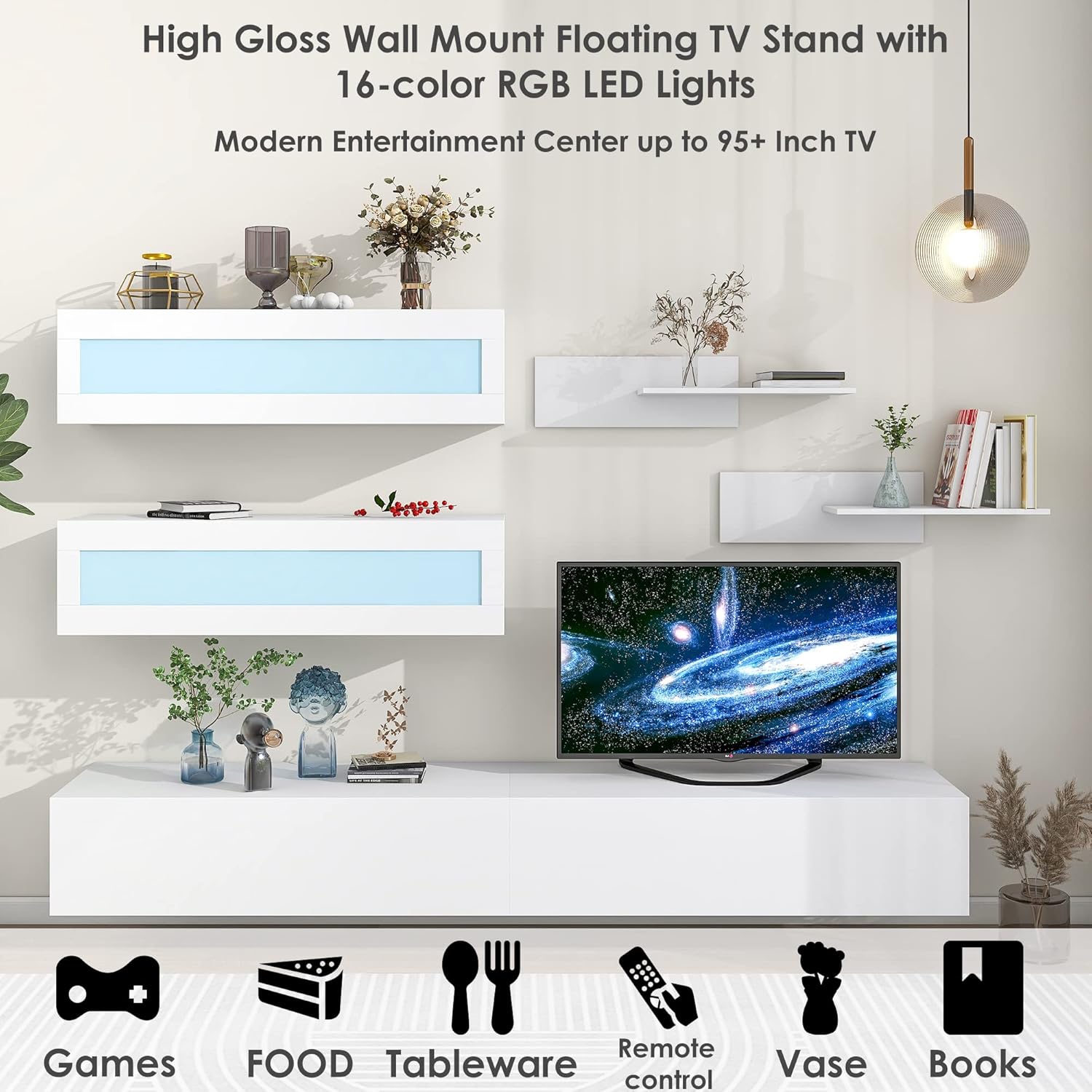 Wall Mount Floating Entertainment Center with 4 Storage Cabinets and 2 Shelves, Modern High Gloss TV Stand for Televisions up to 95+ Inch, Gaming Media Console w/LED Lights for Living Room