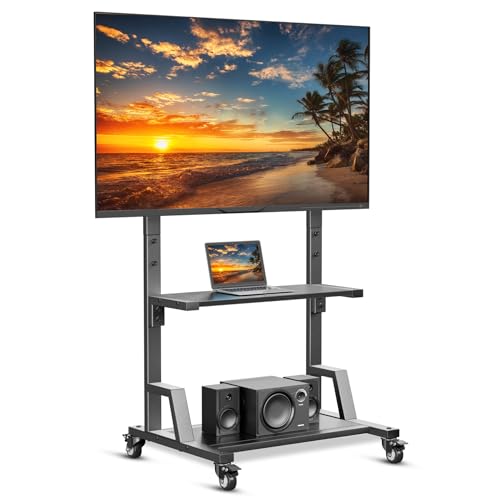 Mobile TV Stands for Flat Curved Screens, Rolling TV Cart Floor Stand with Mount, Shelf and Wheels for Living Room, Bedroom and Office