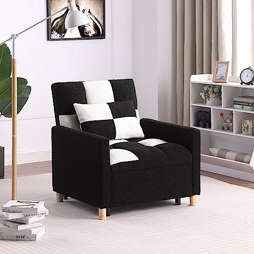 3-in-1 Convertible Sleeper Sofa Chair Bed, Adjustable Sofa Chair with Pillow, Multi-Functional Sleeper Chair velvet Fabric with Adjustable Backrest for Living Room Bedroom Office (Black White)