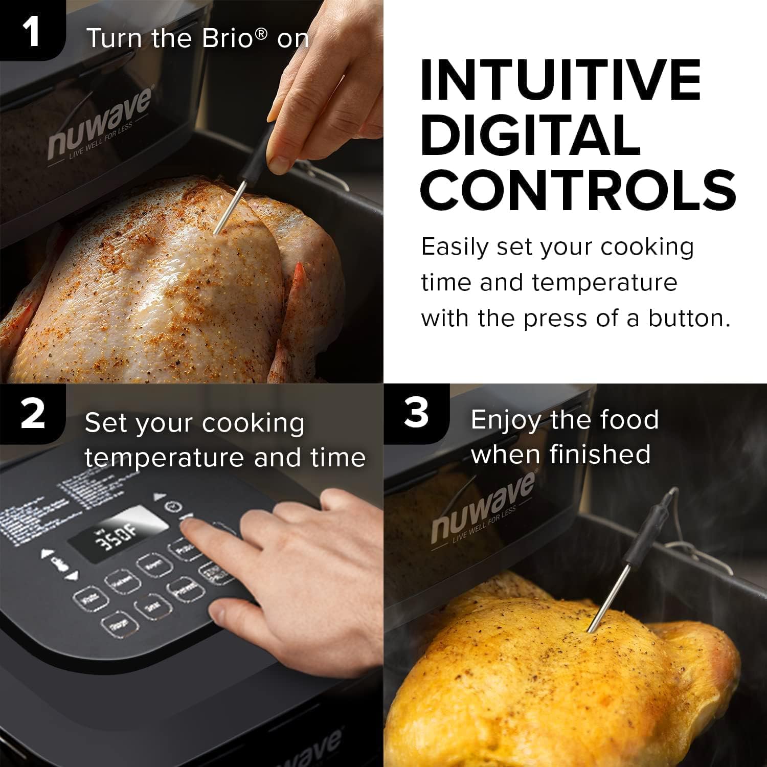 NUWAVE Brio 8-Qt Air Fryer, Powerful 1800W, Easy-to-Read Cool White Display, 50°-400°F Temp Controls, 100 Pre-Programmed Presets & 50 Memory Slots, Integrated Smart Thermometer, Linear T Technology