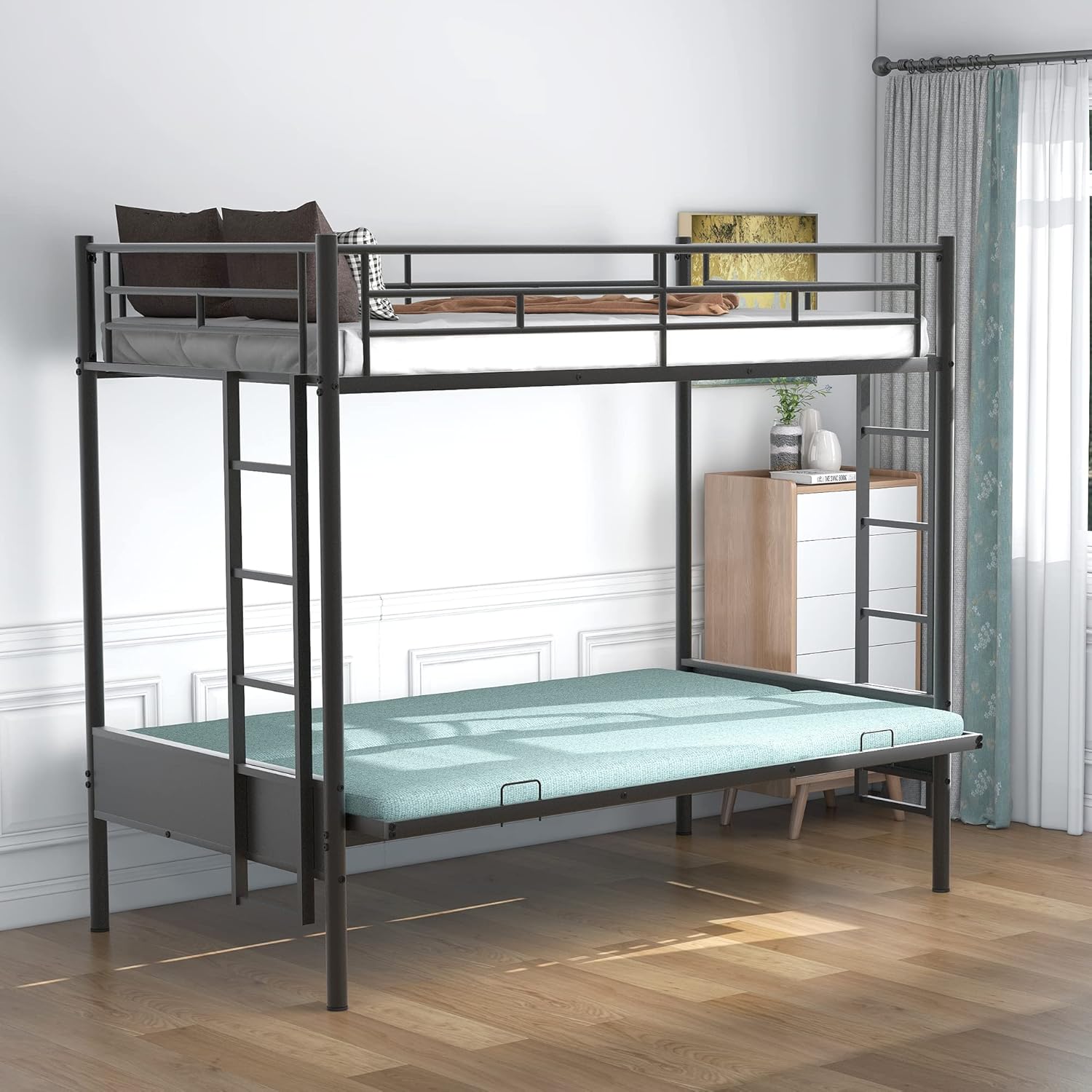 Twin Over Futon/Full Bunk Bed, Convertible Couch and Bed, Heavy Duty Metal Frame with 2 Side Ladders and Guardrail for Kids/Teens/Adults, Black