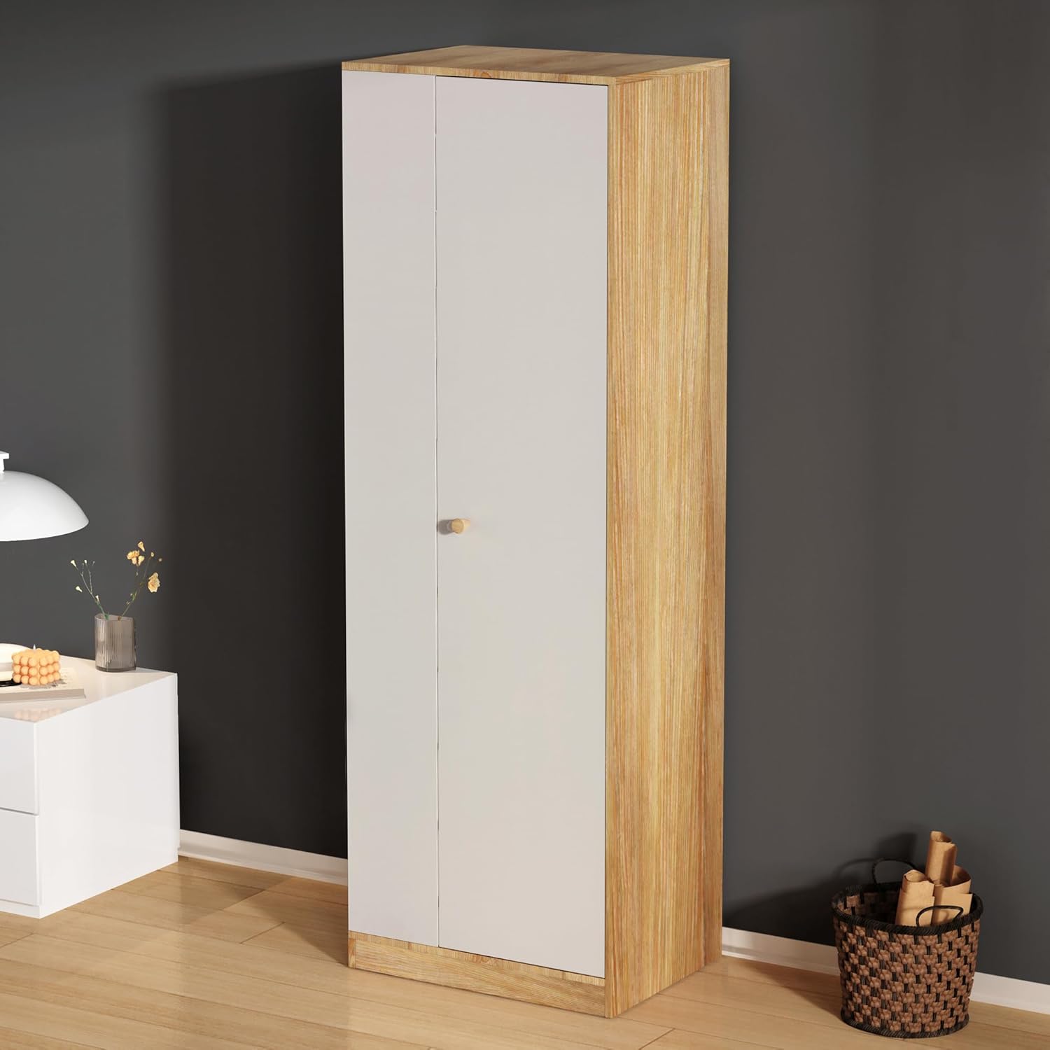 Modern Wardrobe Armoire, White Wardrobe Closet with Hanging Rail, Functional Clothes Storage Cabinet Closet for Small Apartments Bedroom, Easy to Install, 16" D x 24" W x 71" H