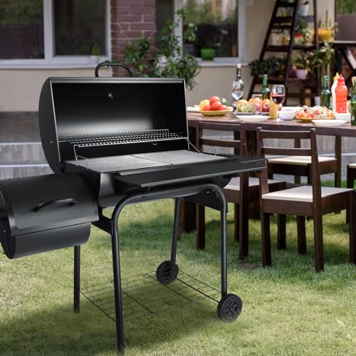 Charcoal Grill with Offset Smoker, Leonyo 13 Pcs Outdoor Charcoal Grill with Smoker, 445 Sq.in Barrel BBQ Grill with Cover & Chimney Starter, Barbecue Camping Charcoal Grills for Outdoor Backyard