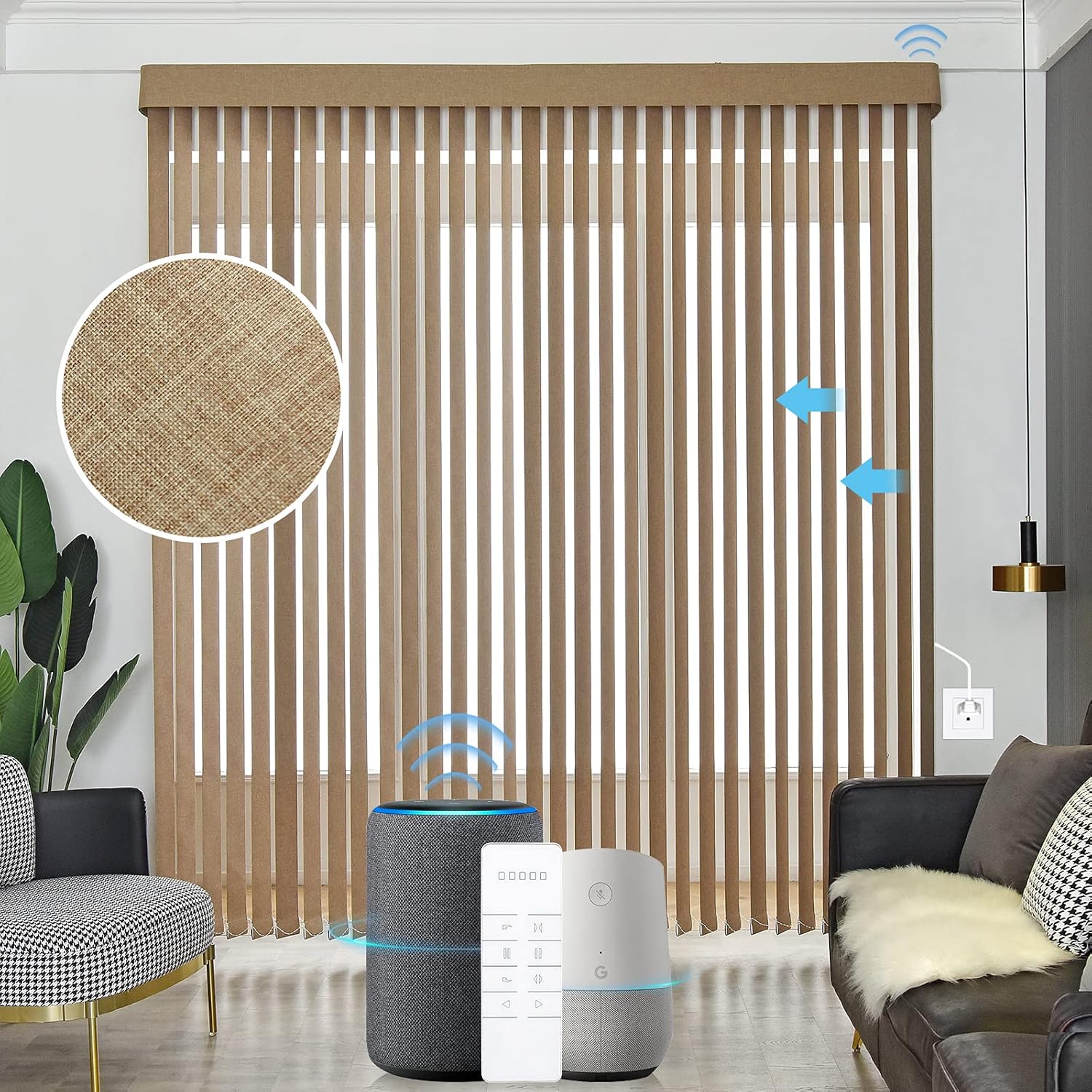 Graywind Motorized Half Shading Vertical Blinds Compatible with Alexa Google Privacy Smart Vertical Blind Remote Control Track Slats Set for Sliding Doors No Valance, Width Up to 157, Textured Khaki