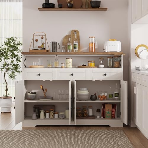 51" L Modern Farmhouse Sideboard Buffet Cabinet, White Storage Cabinet with Drawers & Shelves, Kitchen Pantry Hutch Cabinet, Coffee Bar Station Table for Living Room, Dining Room, Entryway
