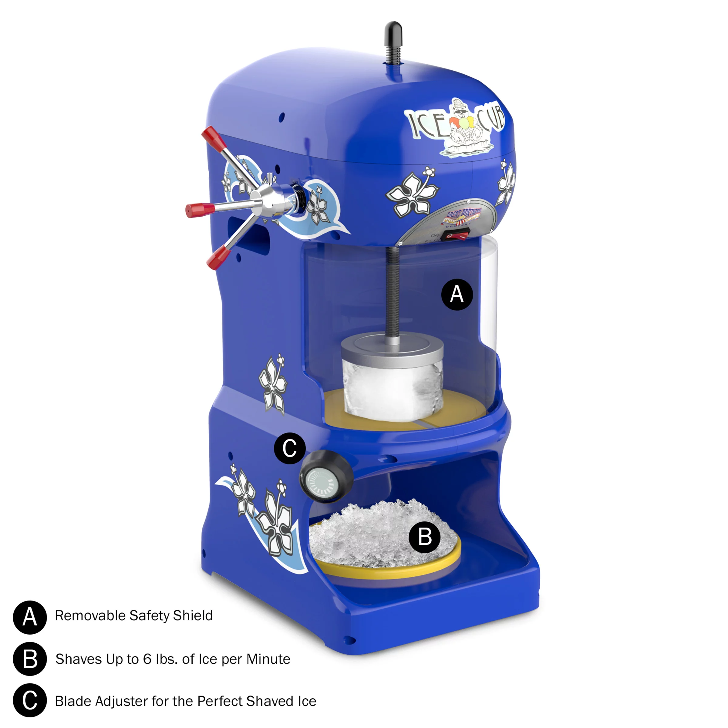 Ice Cub Shaved Ice Machine – Powerful Electric Block Ice Shaver & Snow Cone Maker by Great Northern Popcorn, Blue