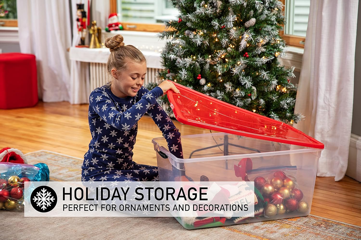 Rubbermaid Cleverstore Clear 71 QT Pack of 4 Holiday Storage Containers, Great for Holiday Decorations, Stackable, Large Capacity, Durable Latching Lids, Clear Bins, Red Lids/Green Handles