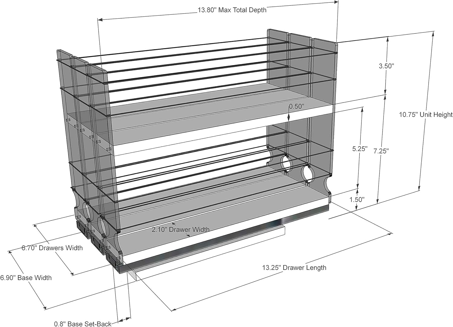 Vertical Spice - 222x2x14 DC - Spice Rack - Cabinet Mounted- 3 Drawers - 36 Capacity - New and Unique