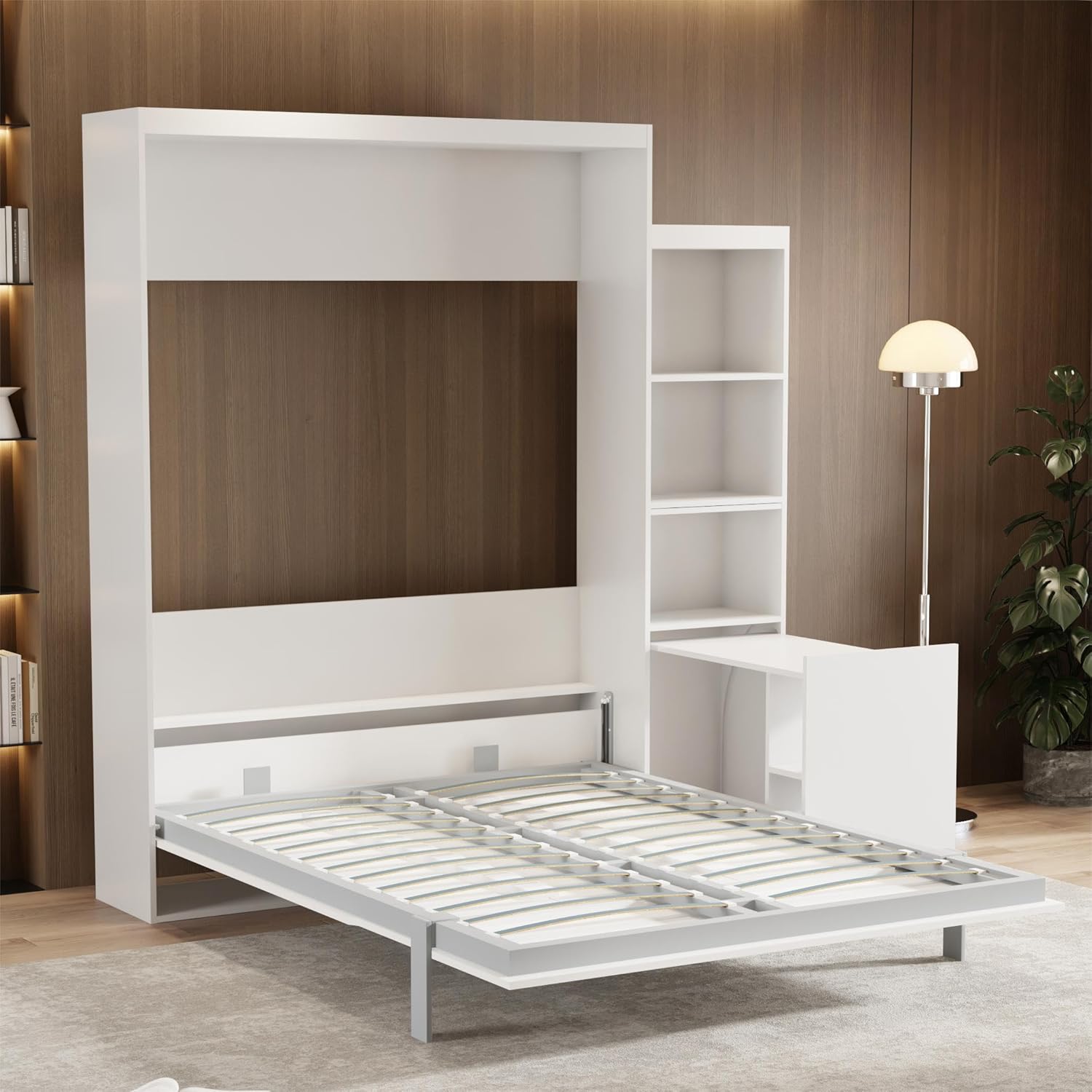 Queen Size Vertical Murphy Bed with Desk, Shelf and Drawers, Modern Folding Hidden Bed Gas Struts, Wall Bed for Bedroom or Guestroom, White