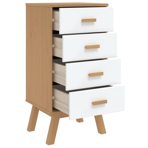 Bedside Cabinet White and Brown Solid Wood Pine,Modern, White and Brown Wooden Bedside Table with Drawers for Ample Storage Bedroom Furniture