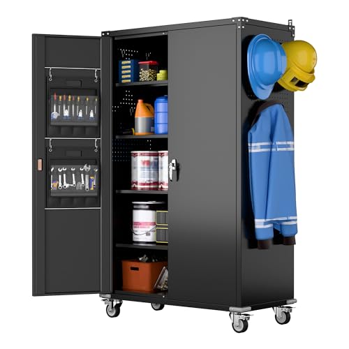 73" H Metal Storage Cabinet with Wheels, Garage Storage Cabinet with 4 Adjustable Shelves and Lockable Doors for Garage Home Office Utility Room,Required Assembly,Black