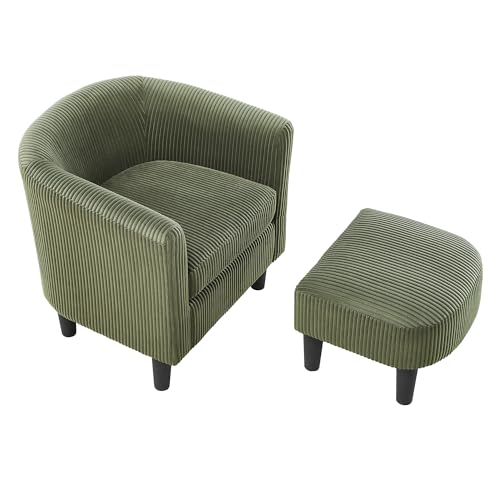 Accent Chair with Ottoman, Modern Barrel Comfy Corduroy Fabric Armchair and Footrest Set, Single Sofa Chair Upholstered Round Arms Chair for Living Room Bedroom Reading Room Office, Green