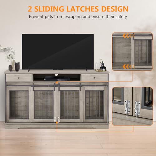 86 Inch Double Dog Crate Furniture with Divider, 4 Combination Forms Large Dog Kennel Furniture for 2 Dogs, Rustic Brown Corner Dog Kennel for Small Medium Large Dogs
