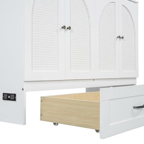 Full Size Murphy Bed Cabinet, Solid Wood Murphy Bed with Charging Station and Large Storage Drawer, Wall Mounted Foldable Platform Bed, Space Saving for Guest Room, Office, Gray
