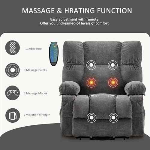 Power Lift Recliner Chair for Elderly,Recliner Massage Chair with Heat and Massage Recliner,Lift Chair Sofa with Infinite Position and Side Pocket,USB Charge Port,Gray