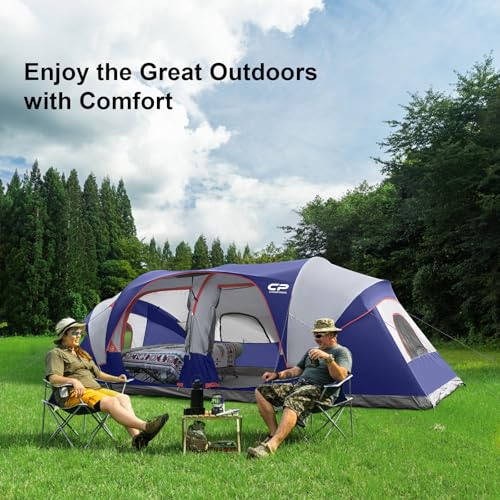 CAMPROS CP Tent 12-Person-Camping-Tents,3 Room Family Tents,Waterproof Windproof Family Tent with Top Rainfly,6 Large Mesh Windows,Double Layer,Easy Set Up, Portable with Carry Bag-20' x 9' x 72"(H)