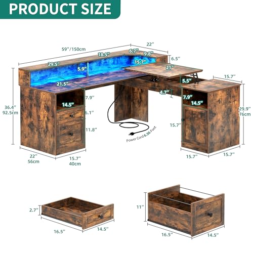 YITAHOME L Shaped Desk with Power Outlets & LED Lights, 60” Computer Desk with Drawers & Lift Top, Home Office Desk with Monitor Stand, Height Adjustable Desk with File Cabinet, Grey