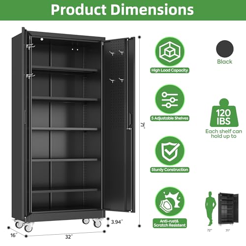 73" H Metal Storage Cabinet with Wheels, Garage Storage Cabinet with 4 Adjustable Shelves and Lockable Doors for Garage Home Office Utility Room,Required Assembly,Black