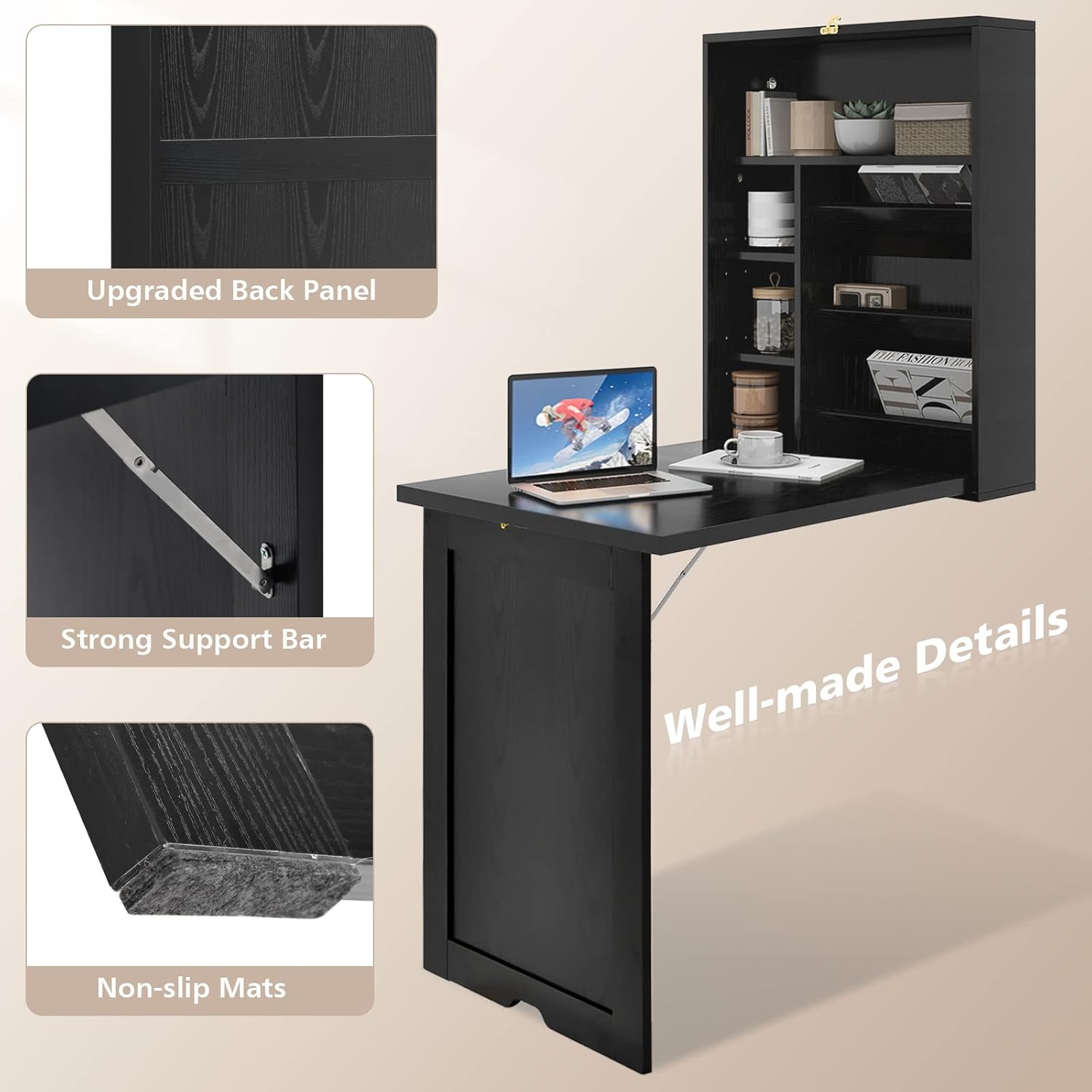 Wall Mounted Desk, Multi-Function Home Office Workstation with Storage Shelves, Space Saving Fold Out Convertible Floating Table for Bedroom, Living Room, Study Room, and Small Spaces (Black)