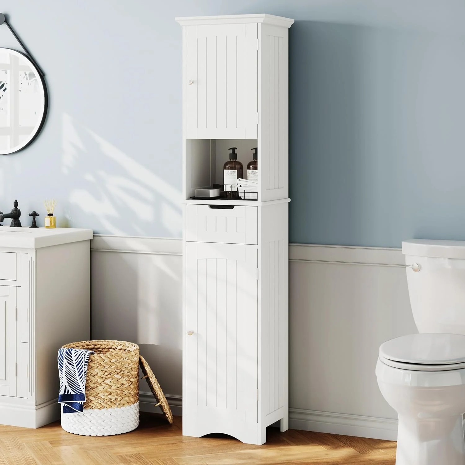 FJU 67" Tall Bathroom Storage Cabinet Freestanding with Adjustable Shelves, Narrow Storage Linen Cabinet with 2 Doors and 1 Drawers for Bathroom, Living Room, Kitchen, White.