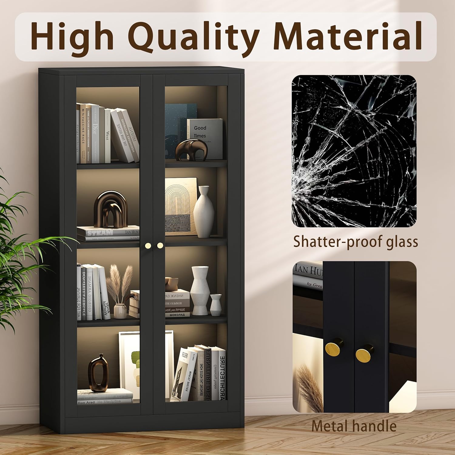 63'' Display Cabinet, Glass Display Cabinet with LED Light, 3 Adjustable Shelves, Curio Cabinet with Glass Doors for Home, Office, Collectibles, Pantry, Large Capacity (Black)