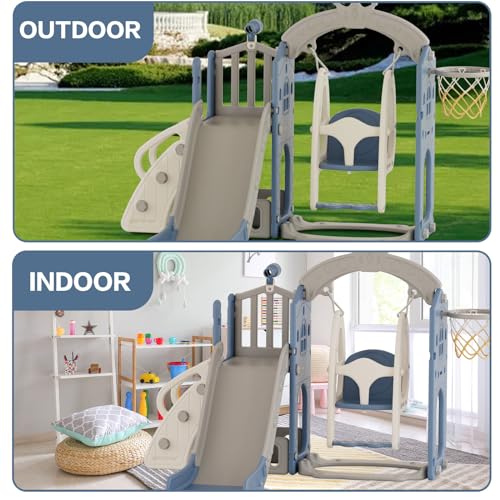 KORIMEFA 6 in 1 Toddler Slide and Swing Set for Toddler Age 1-3 Years, 4-in-1 Toddles Extra-Large Playset Playground Indoor and Outdoor Swing Slide Climber Playset w/Basketball Hoop, Gray